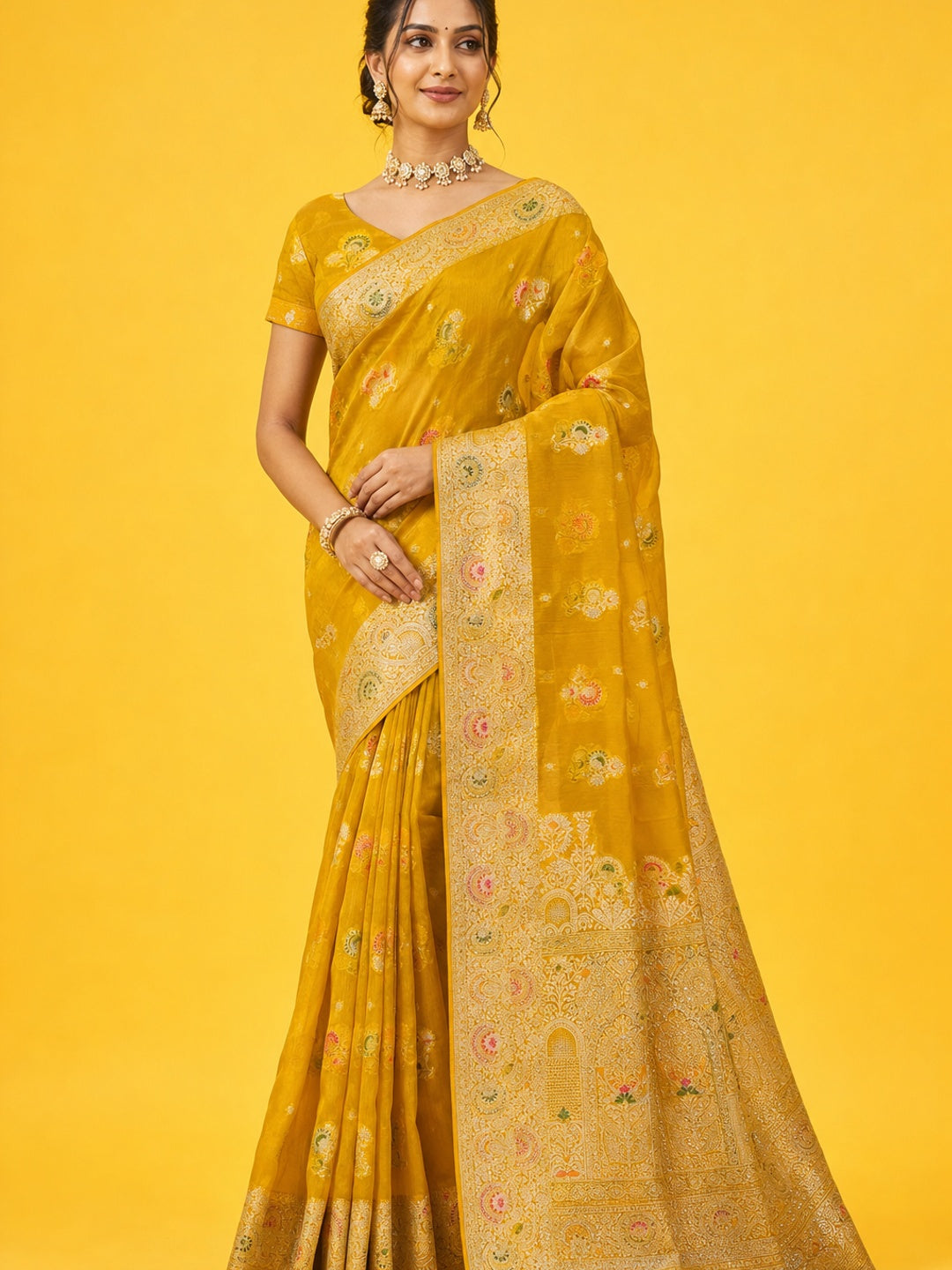 Peachmode Yellow Organza Saree with Mina Weaving Work - Image 1
