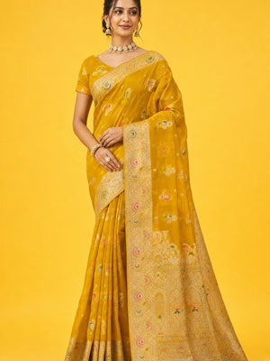 Peachmode Yellow Organza Saree with Mina Weaving Work - Image 1