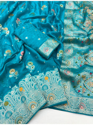 Peachmode Turquoise Organza Saree with Mina Weaving Work - Image 2