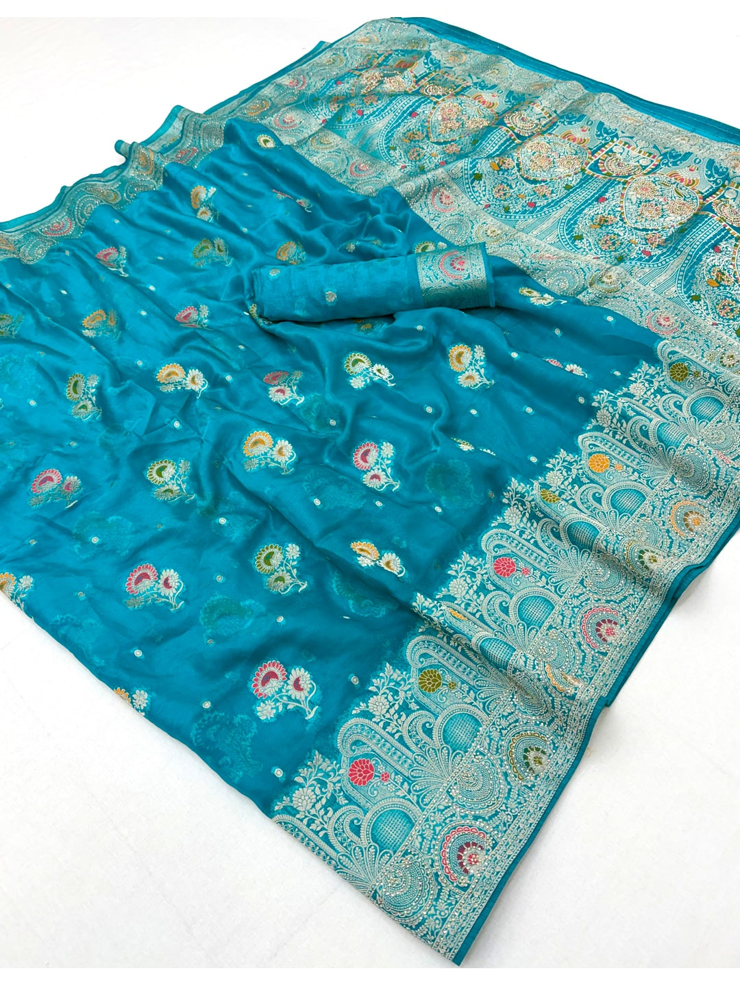 Peachmode Turquoise Organza Saree with Mina Weaving Work - Image 3