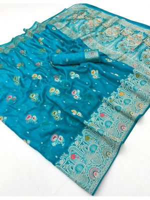 Peachmode Turquoise Organza Saree with Mina Weaving Work - Image 3