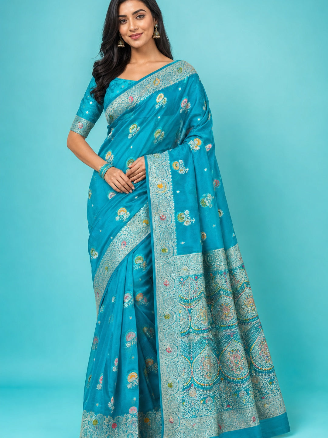 Peachmode Turquoise Organza Saree with Mina Weaving Work - Image 1