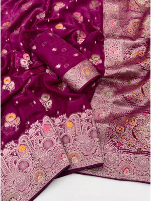 Peachmode Purple Organza Saree with Mina Weaving Work - Image 2