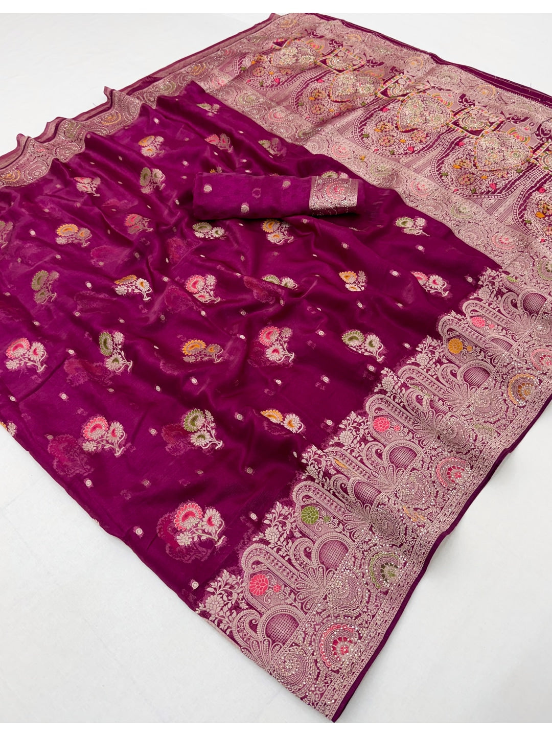 Peachmode Purple Organza Saree with Mina Weaving Work - Image 3