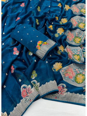 Peachmode Blue Organza Saree with Mina Weaving Work - Image 2