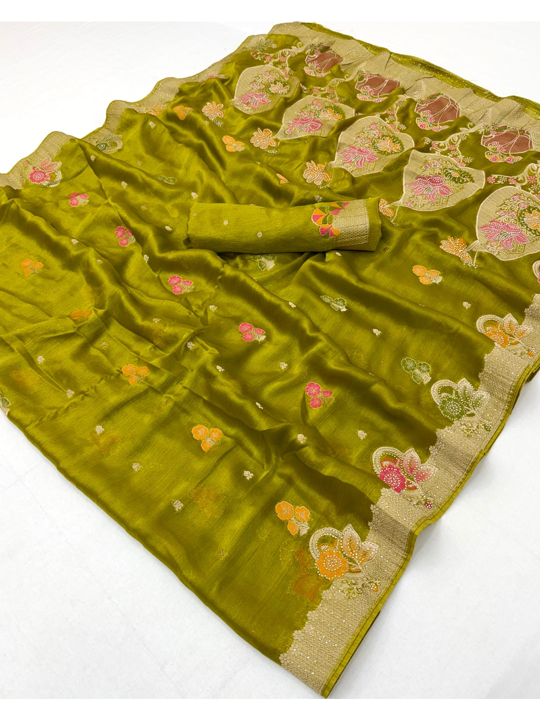 Peachmode Green Organza Saree with Mina Weaving Work - Image 3