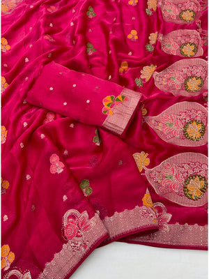 Peachmode Pink Organza Saree with Mina Weaving Work - Image 2