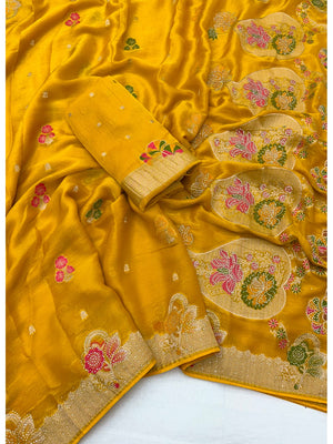 Peachmode Yellow Organza Saree with Mina Weaving Work - Image 2