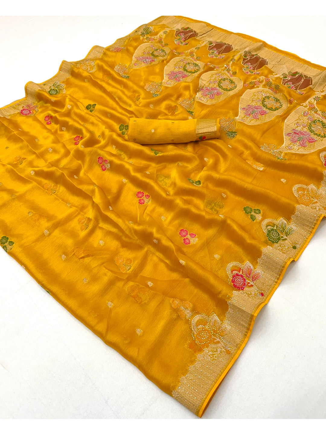 Peachmode Yellow Organza Saree with Mina Weaving Work - Image 3