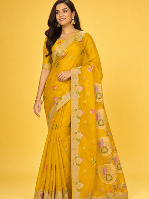 Peachmode Yellow Organza Saree with Mina Weaving Work - Image 1