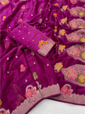 Peachmode Purple Organza Saree with Mina Weaving Work - Image 2