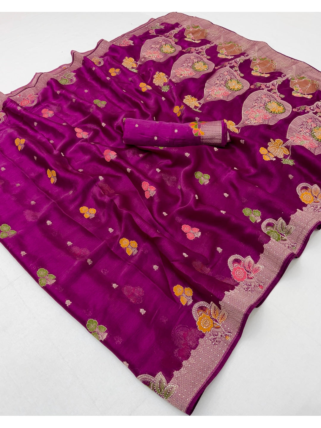 Peachmode Purple Organza Saree with Mina Weaving Work - Image 3