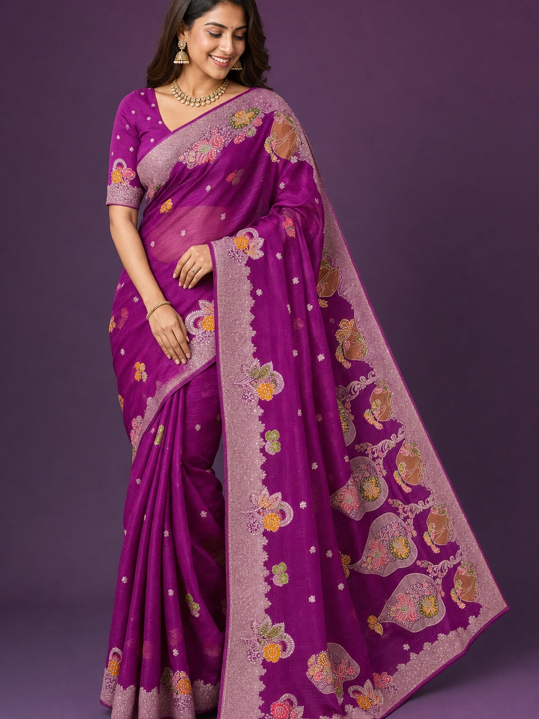 Peachmode Purple Organza Saree with Mina Weaving Work - Image 1