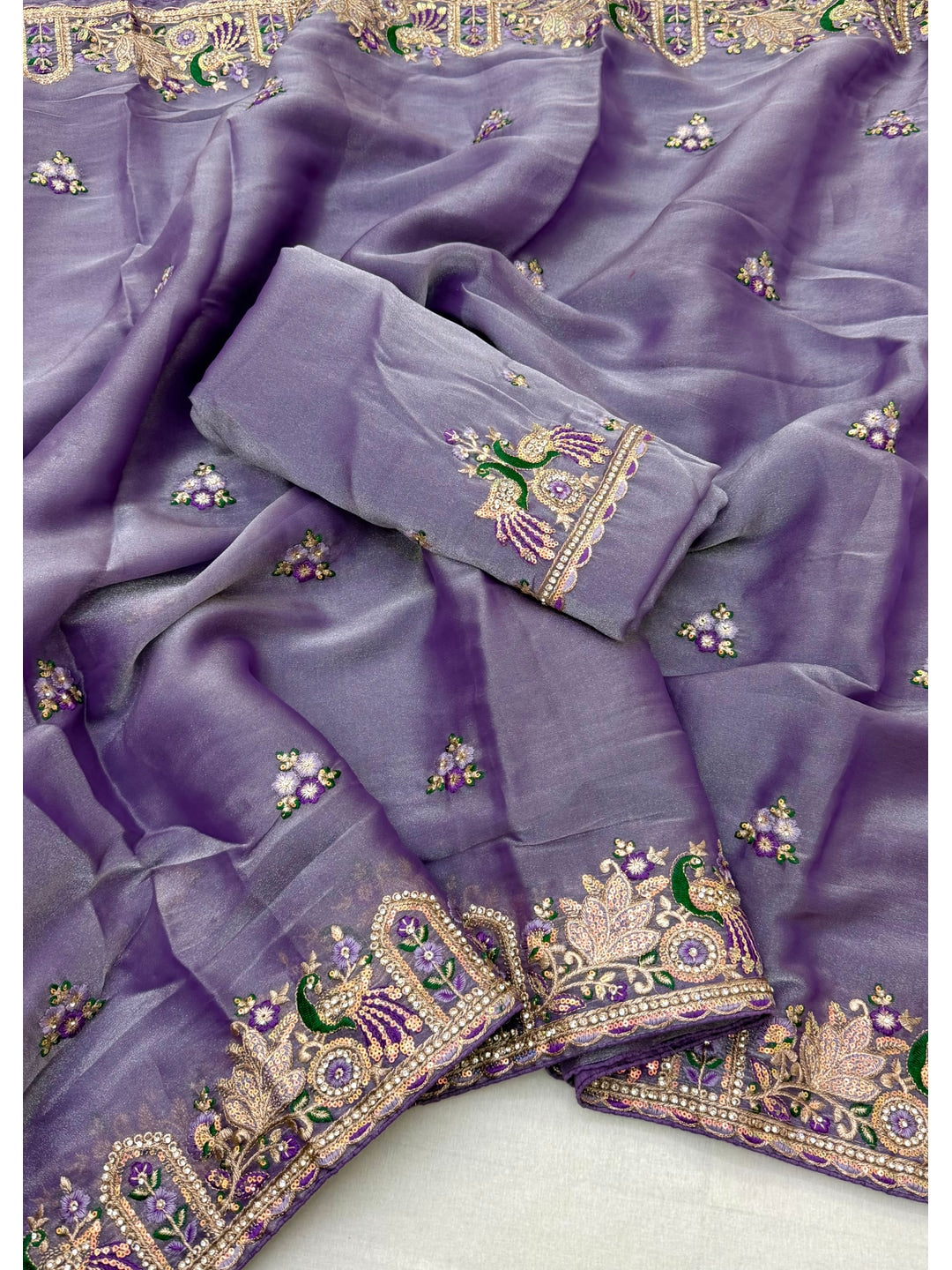 Peachmode Lavender NC Moss Saree with Heavy Embroidery Work - Image 3