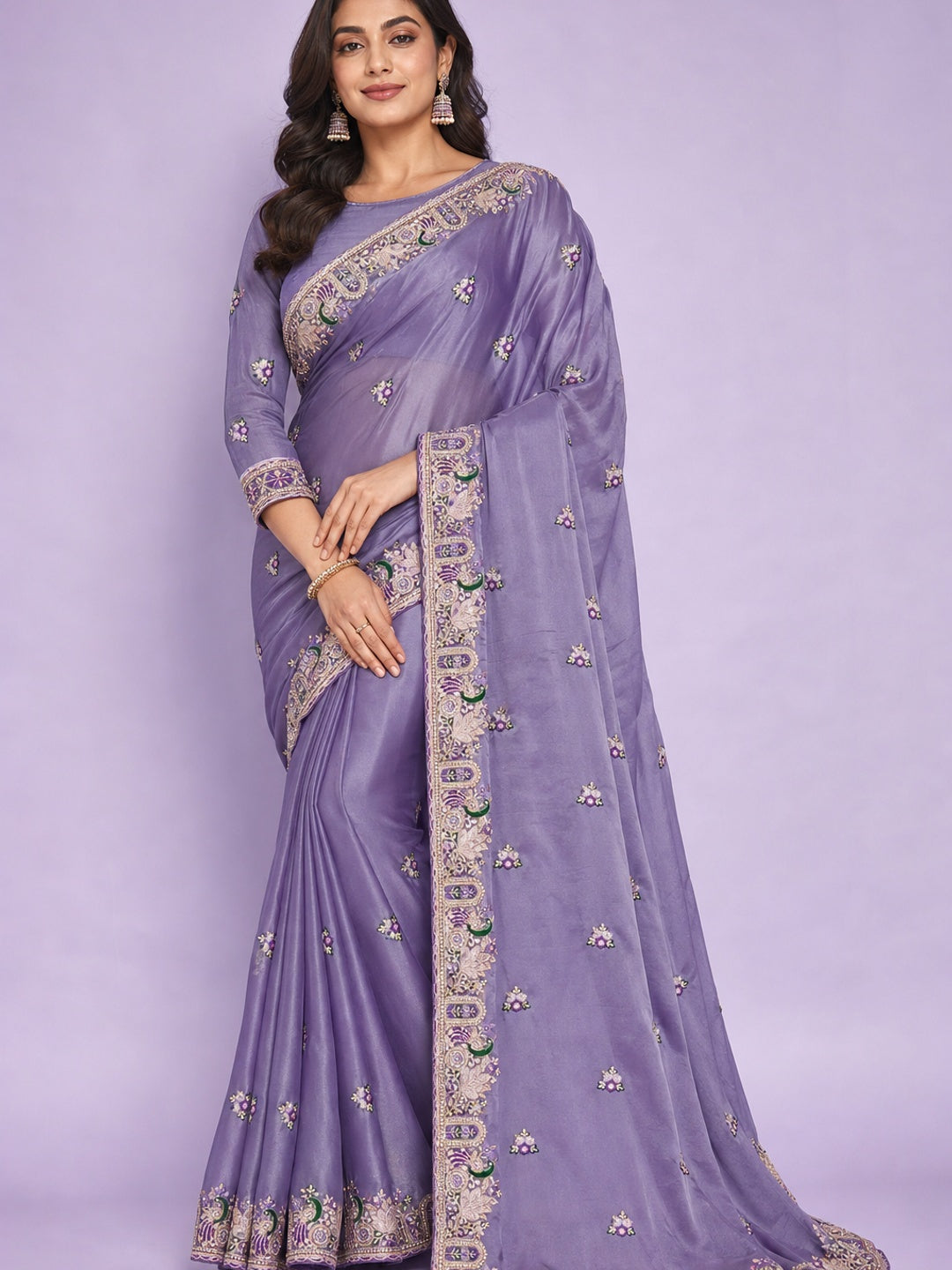 Peachmode Lavender NC Moss Saree with Heavy Embroidery Work - Image 1