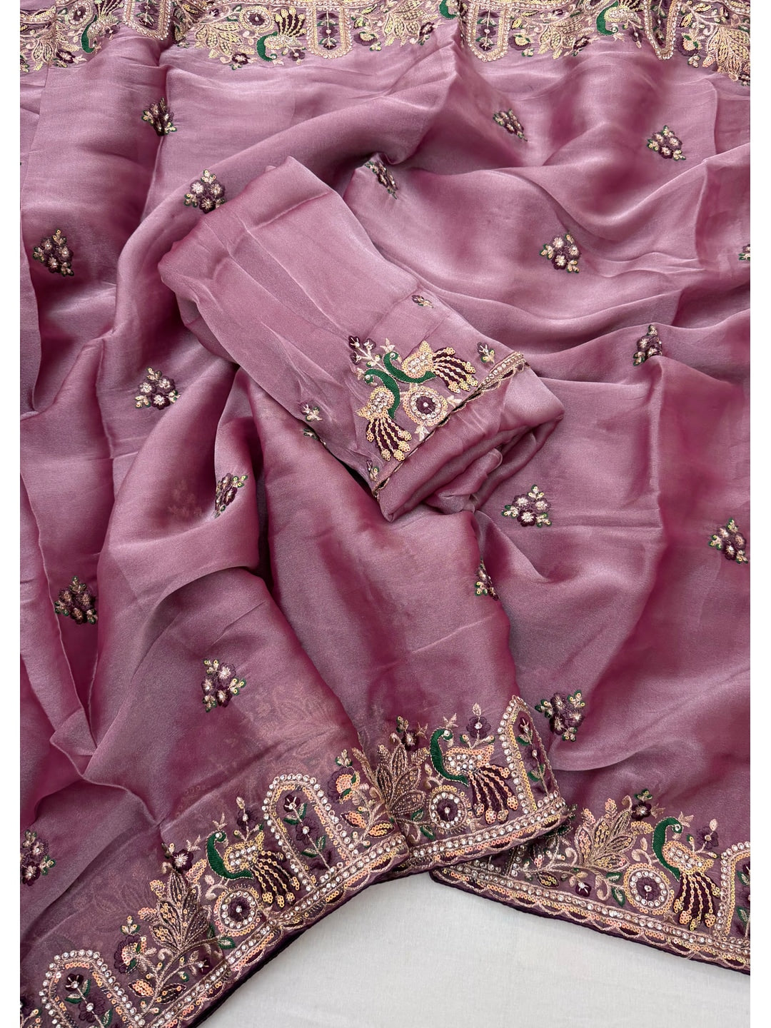 Peachmode Pink NC Moss Saree with Heavy Embroidery Work - Image 2