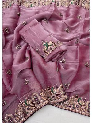 Peachmode Pink NC Moss Saree with Heavy Embroidery Work - Image 2