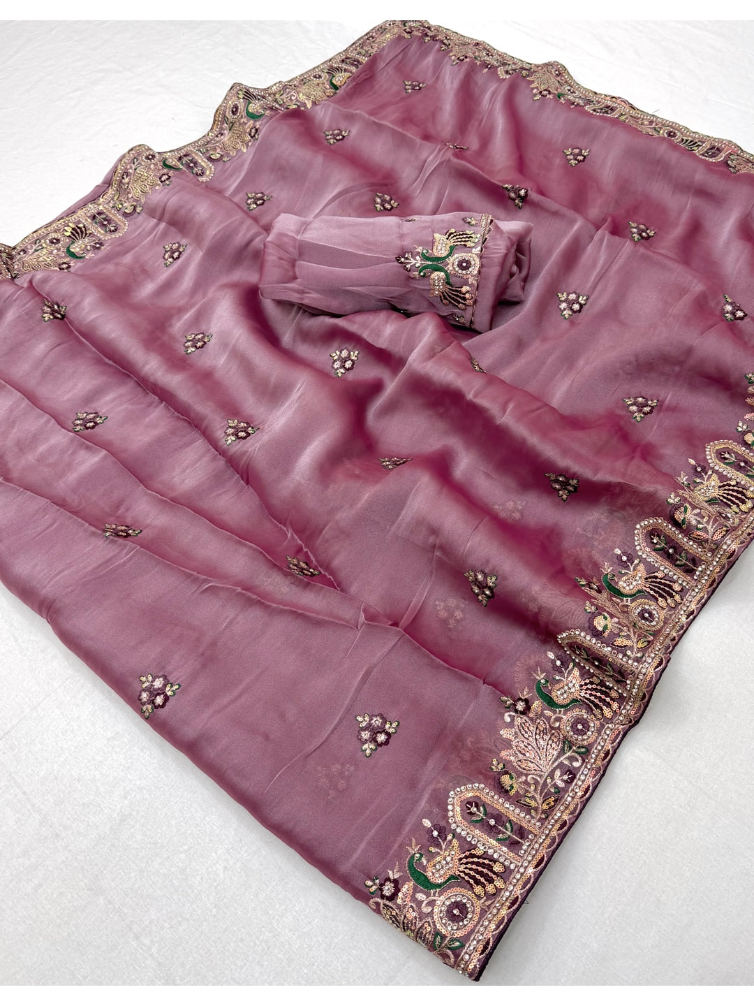 Peachmode Pink NC Moss Saree with Heavy Embroidery Work - Image 3