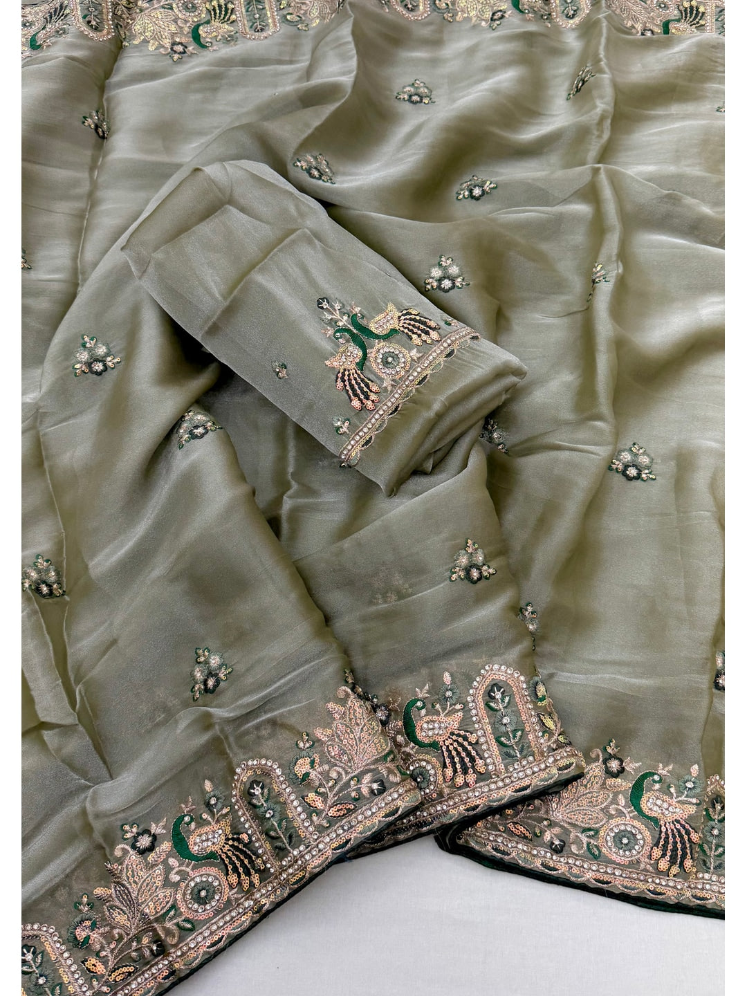 Peachmode Grey NC Moss Saree with Heavy Embroidery Work - Image 2