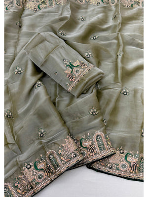 Peachmode Grey NC Moss Saree with Heavy Embroidery Work - Image 2
