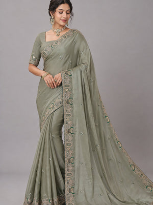 Peachmode Grey NC Moss Saree with Heavy Embroidery Work - Image 1