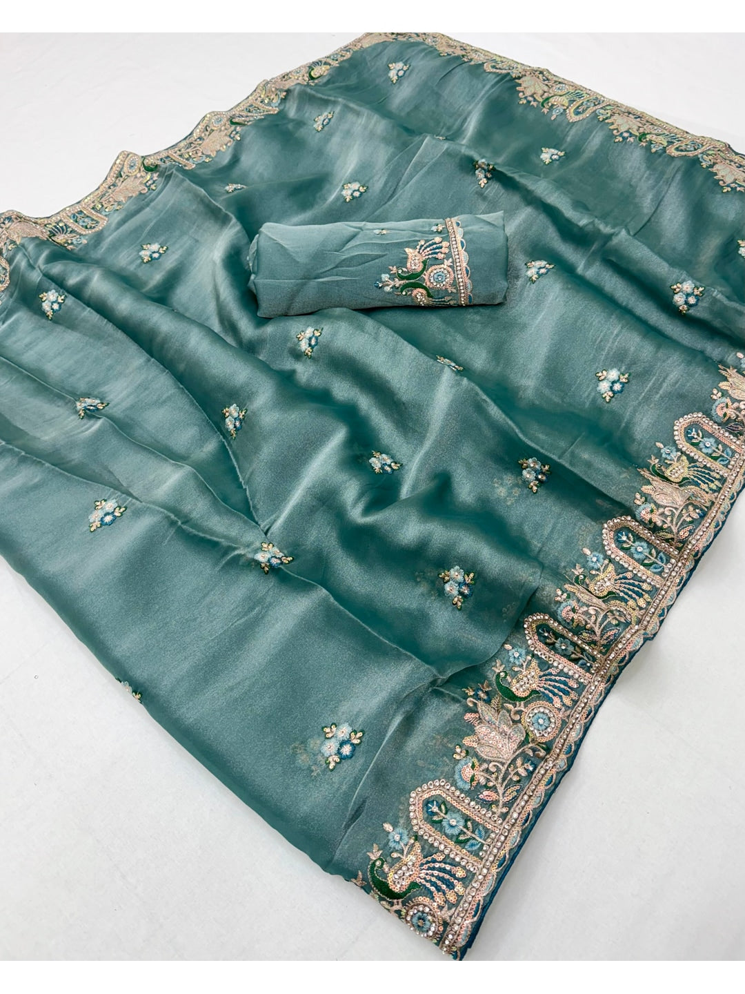 Peachmode Teal NC Moss Saree with Heavy Embroidery Work - Image 3
