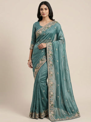 Peachmode Teal NC Moss Saree with Heavy Embroidery Work - Image 1