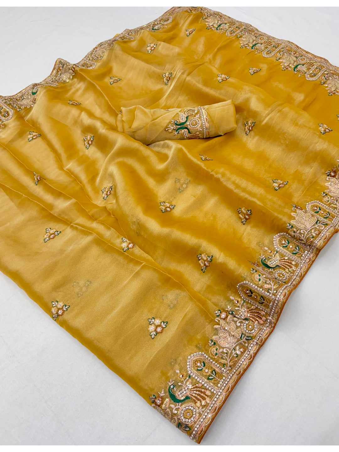 Peachmode Yellow NC Moss Saree with Heavy Embroidery Work - Image 3