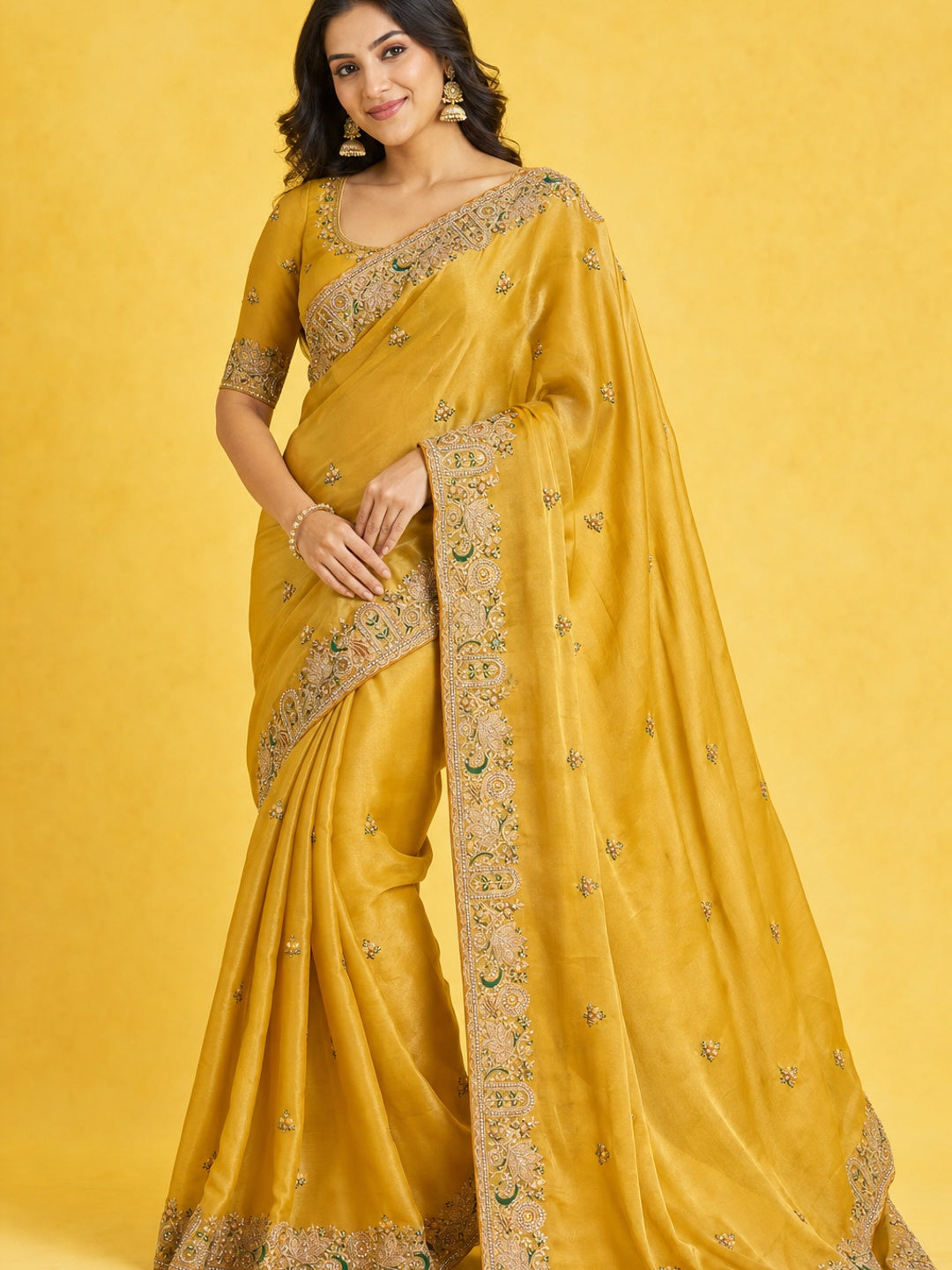 Peachmode Yellow NC Moss Saree with Heavy Embroidery Work - Image 1