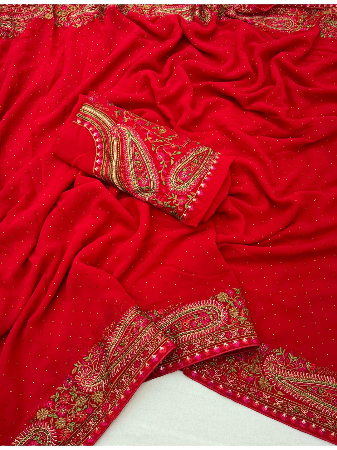 Peachmode Red Georgette Saree with Kashmiri Embroidery Work - Image 2