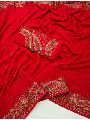 Peachmode Red Georgette Saree with Kashmiri Embroidery Work - Image 2