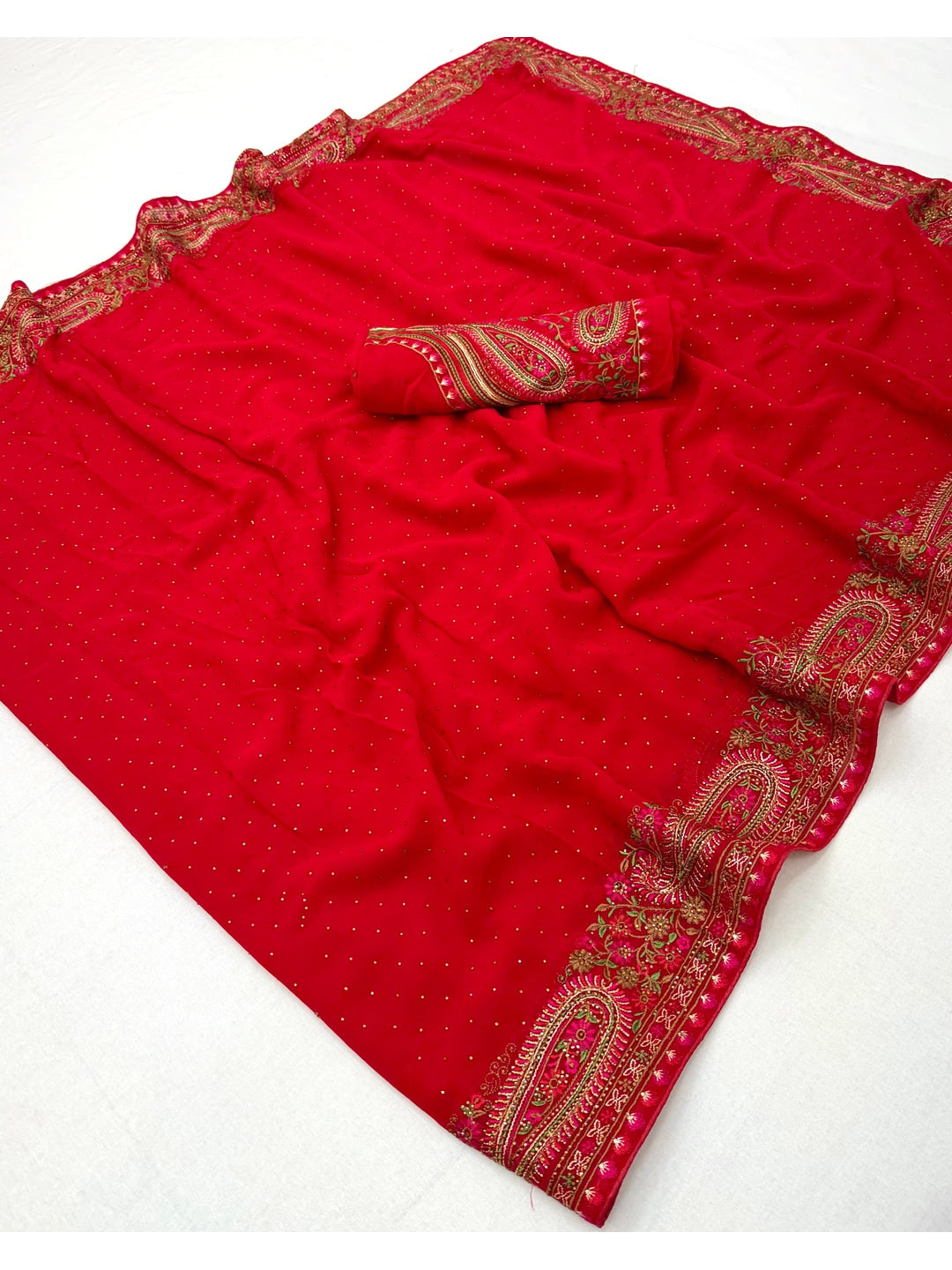 Peachmode Red Georgette Saree with Kashmiri Embroidery Work - Image 3