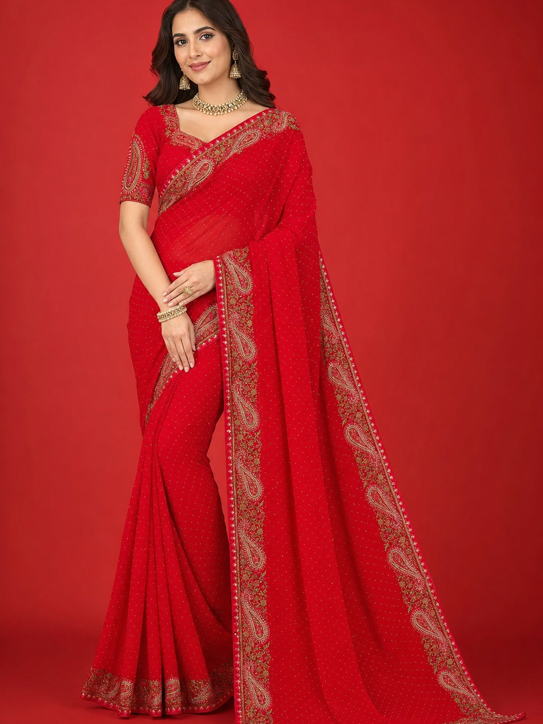 Peachmode Red Georgette Saree with Kashmiri Embroidery Work - Image 1