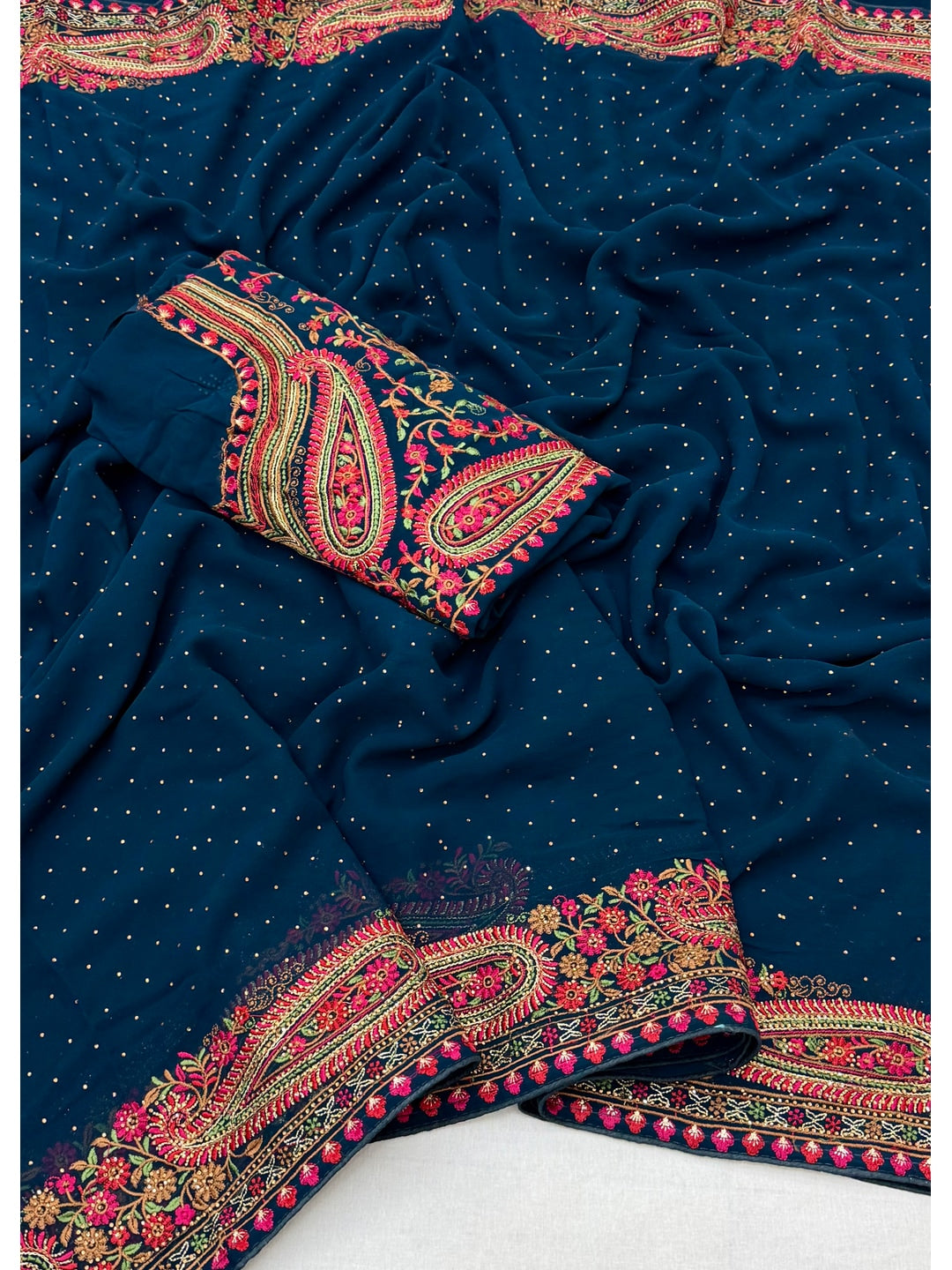 Peachmode Teal Georgette Saree with Kashmiri Embroidery Work - Image 2