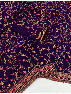 Peachmode Purple Georgette Saree with Kashmiri Embroidery Work - Image 2