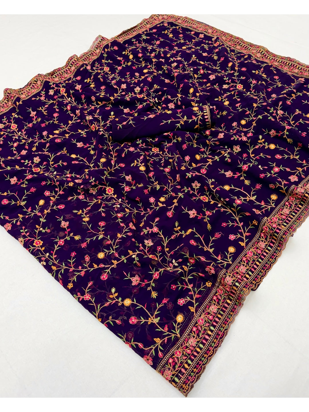Peachmode Purple Georgette Saree with Kashmiri Embroidery Work - Image 3