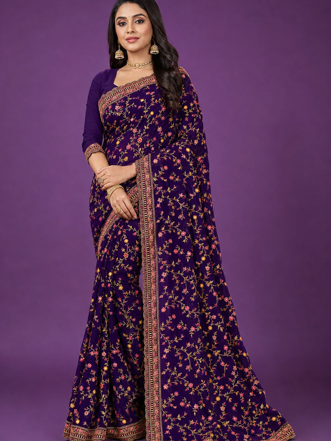 Peachmode Purple Georgette Saree with Kashmiri Embroidery Work - Image 1