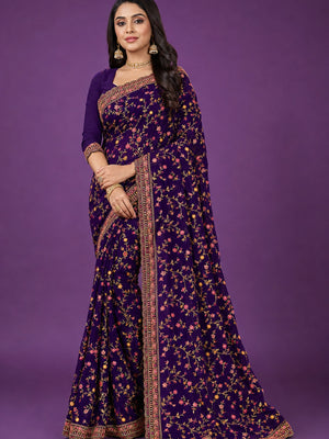 Peachmode Purple Georgette Saree with Kashmiri Embroidery Work - Image 1