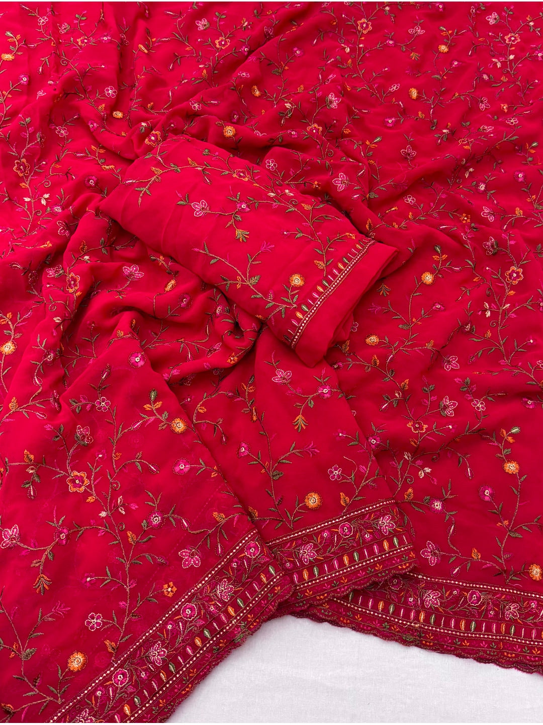 Peachmode Red Georgette Saree with Kashmiri Embroidery Work - Image 2