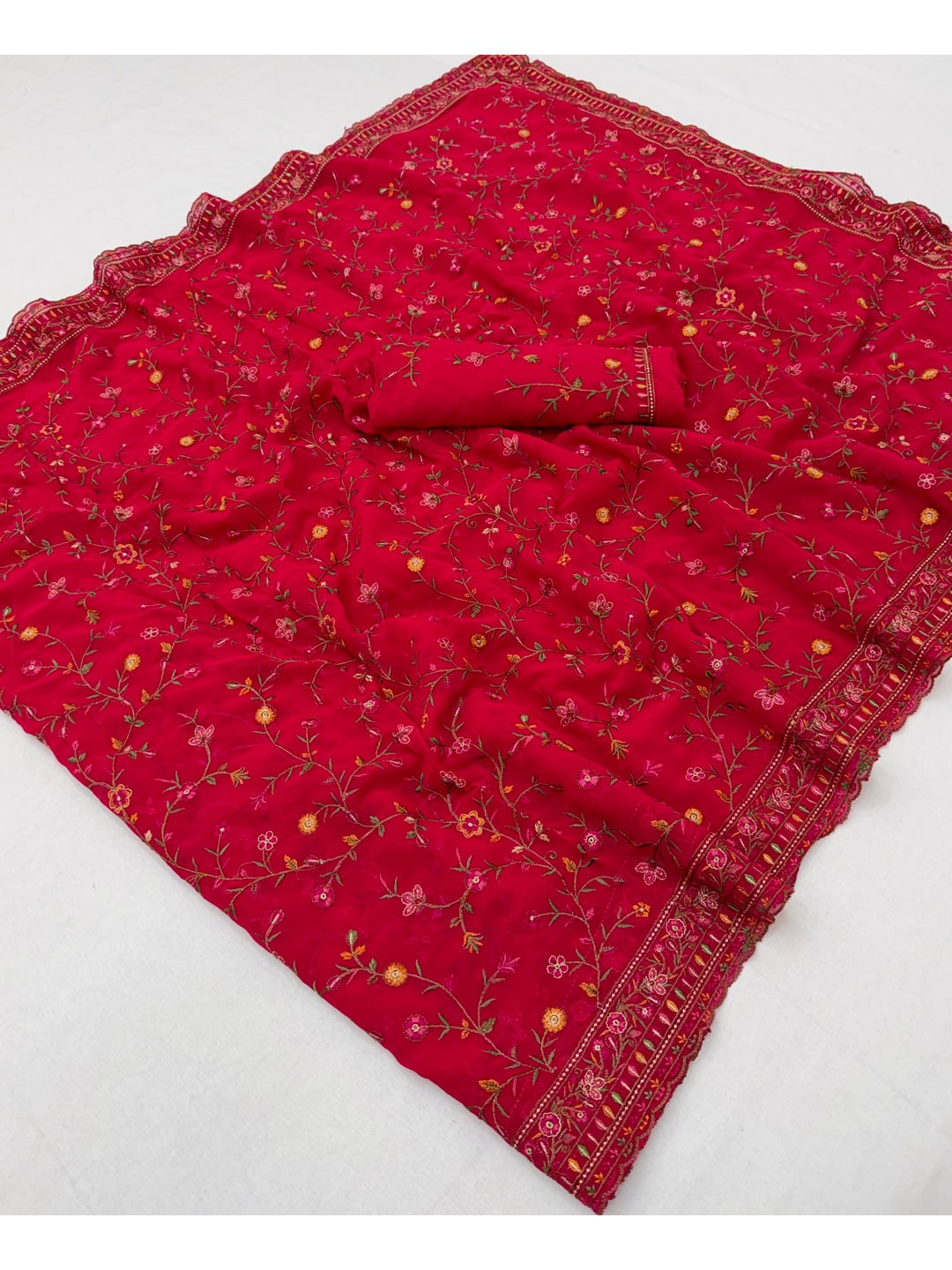 Peachmode Red Georgette Saree with Kashmiri Embroidery Work - Image 3