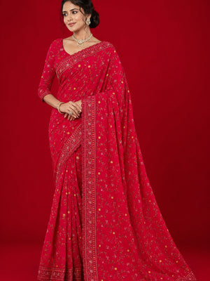 Peachmode Red Georgette Saree with Kashmiri Embroidery Work - Image 1