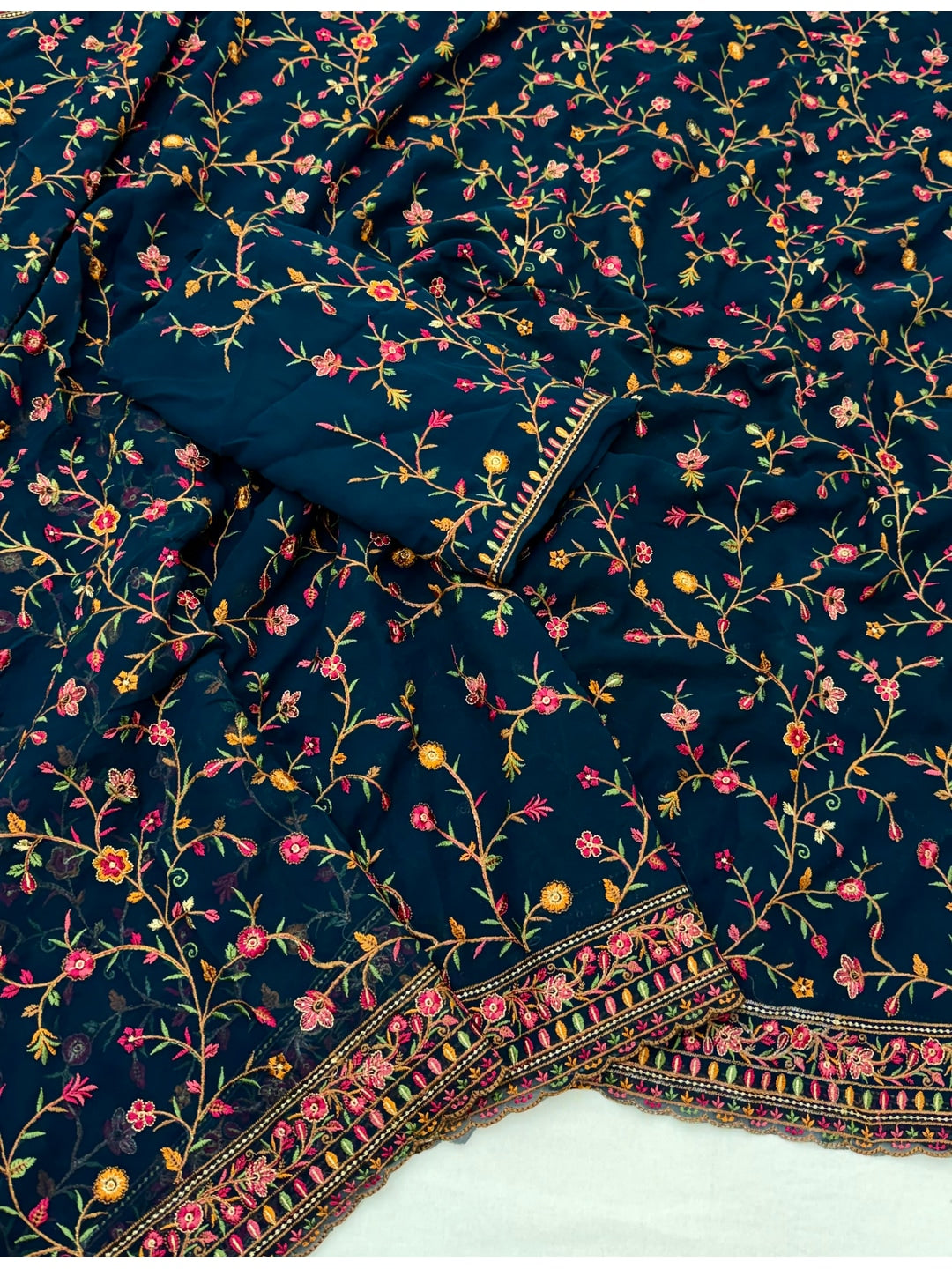 Peachmode Teal Georgette Saree with Kashmiri Embroidery Work - Image 2
