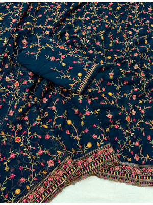 Peachmode Teal Georgette Saree with Kashmiri Embroidery Work - Image 2