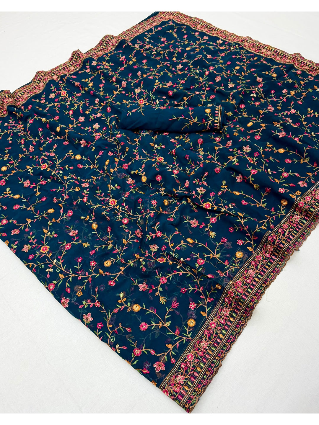 Peachmode Teal Georgette Saree with Kashmiri Embroidery Work - Image 3