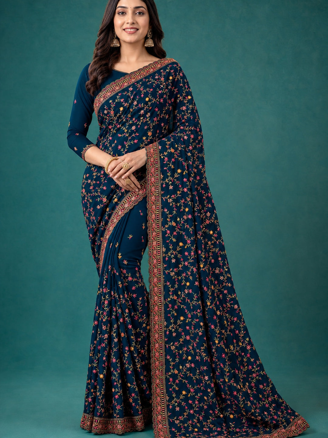 Peachmode Teal Georgette Saree with Kashmiri Embroidery Work - Image 1