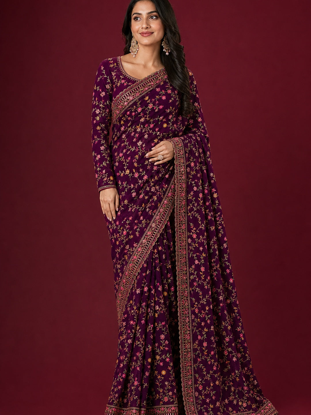 Peachmode Wine Georgette Saree with Kashmiri Embroidery Work - Image 1