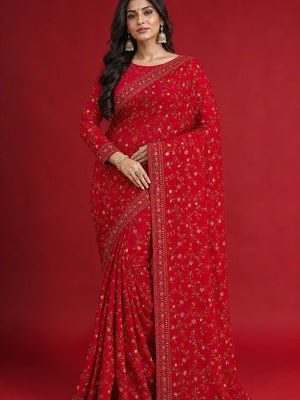 Peachmode Red Georgette Saree with Kashmiri Embroidery Work - Image 1