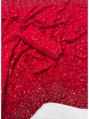 Peachmode Red Georgette Saree with Kashmiri Embroidery Work - Image 2