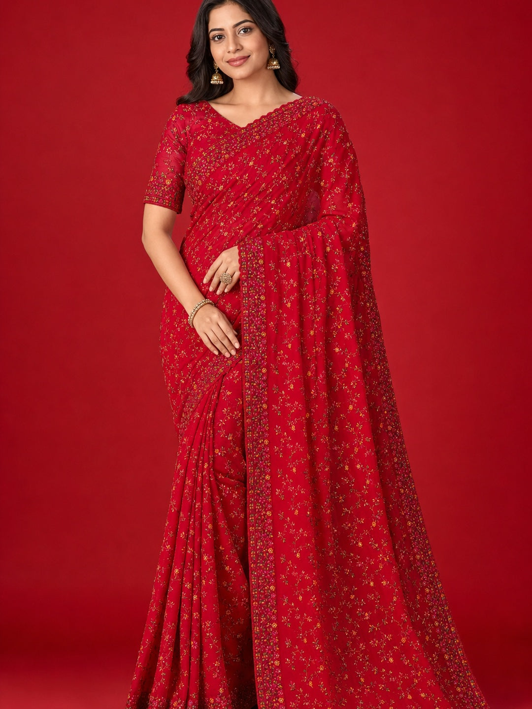 Peachmode Red Georgette Saree with Kashmiri Embroidery Work - Image 1
