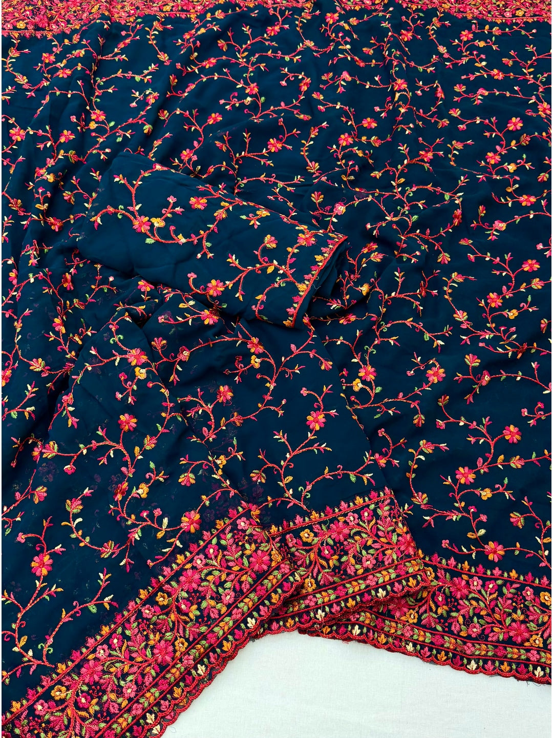 Peachmode Teal Georgette Saree with Kashmiri Embroidery Work - Image 2